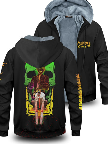 Fandomaniax - Neon Skull Denji Velvet Hoodie